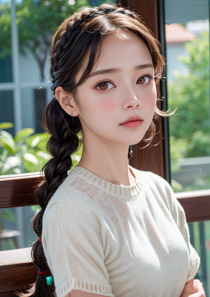 A woman with long hair sitting on a bench looking at the camera - SeaArt AI