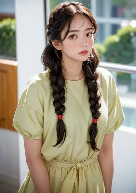 (8k, RAW photo, highly sensitive, photorealistic:1.25) , kr-pny, twin braids, parted bangs, 1girl, A girl enjoys shopping while looking at the sparkling show window, extremely detailed hair, intricate detail, masterpiece, best quality, <lora:koreanPonytailLora_v10:0.5>
