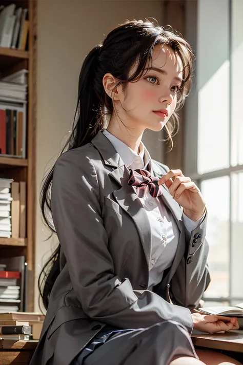 <lora:koreanPonytailLora_v10:1:NP>, kr-pny, ponytail, parted bangs, 1girl, school uniform, dark grey open jacket, dark grey blazer,  sitting, portrait, realistic, looking afar,
extremely detailed hair, intricate detail,
masterpiece, best quality
BREAK
Cozy and unpopular school library,
rim lighting, side lighting, cinematic light, ultra high res, 8k uhd, film grain,best shadow, delicate, RAW
masterpiece, best quality,