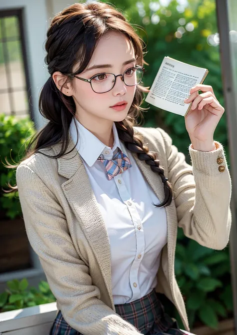 (8k, RAW photo, highly sensitive, best quality, extremely detailed hair, masterpiece, ultra high res, photorealistic:1.25) kr-pny, thin rimmed glasses, the front, twin braids, parted bangs, 1girl, school uniform, dark grey open jacket, dark grey blazer, pleated skirt, plaid skirt, ash blonde hair, huge breasts, gold round eyewear, reading a book, shy and quiet girl, looking afar, holding a book,<lora:koreanPonytailLora_v10:0.5>