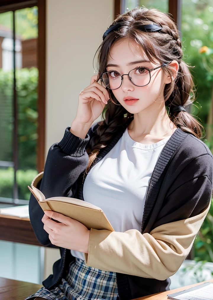 (8k, RAW photo, highly sensitive, best quality, extremely detailed hair, masterpiece, ultra high res, photorealistic:1.25) kr-pny, thin rimmed glasses, the front, twin braids, parted bangs, 1girl, school uniform, dark grey open jacket, dark grey blazer, pleated skirt, plaid skirt, ash blonde hair, huge breasts, gold round eyewear, reading a book, shy and quiet girl, looking afar, holding a book,<lora:koreanPonytailLora_v10:0.5>