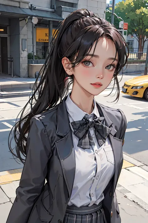 <lora:koreanPonytailLora_v10:1:F>, kr-pny, ponytail, parted bangs, 1girl, school uniform, dark grey open jacket, dark grey blazer, pleated skirt, plaid skirt,
extremely detailed hair, intricate detail,
masterpiece, best quality, upper body, looking at viewer, realistic,