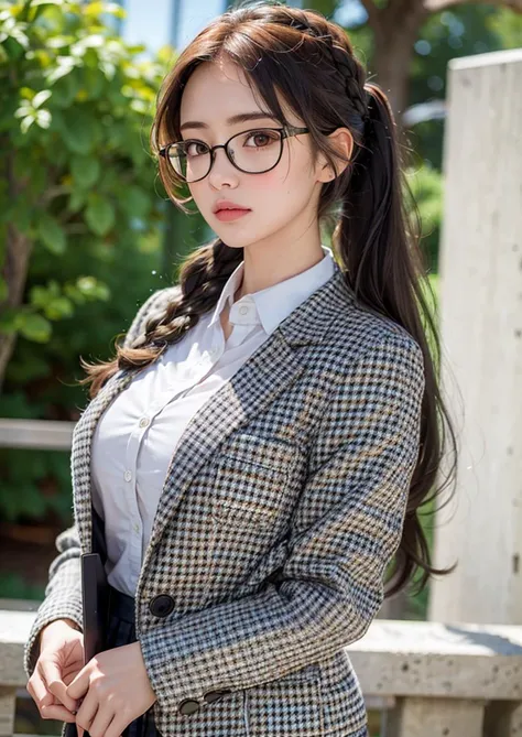 (8k, RAW photo, highly sensitive, best quality, extremely detailed hair, masterpiece, ultra high res, photorealistic:1.25) kr-pny, thin rimmed glasses, the front, twin braids, parted bangs, 1girl, school uniform, dark grey open jacket, dark grey blazer, pleated skirt, plaid skirt, ash blonde hair, huge breasts, gold round eyewear, reading a book, shy and quiet girl, looking afar, holding a book,<lora:koreanPonytailLora_v10:0.5>