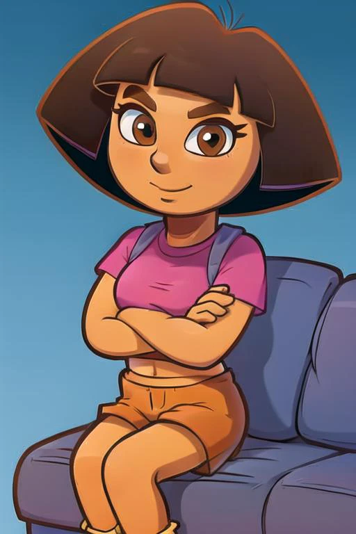 dora, <lora:doraTheExplorer_v10:1> medium breasts, on sofa, pink shirt, brown shorts, brown eyebrows, brown eyes, solo, detailed hands, arms crossed,