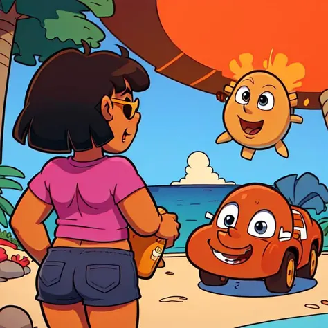 ((masterpiece, best quality)), 1girl, dora, solo, pink shirt, shorts, fully body, beach, (ocean:0.6), ( sunglasses:1.2), red backlighting, huge explosion on the beach, (minivan:1.3) on fire in the background, fire, flames, burning, burning minivan
<lora:doraTheExplorer_v10:0.8>