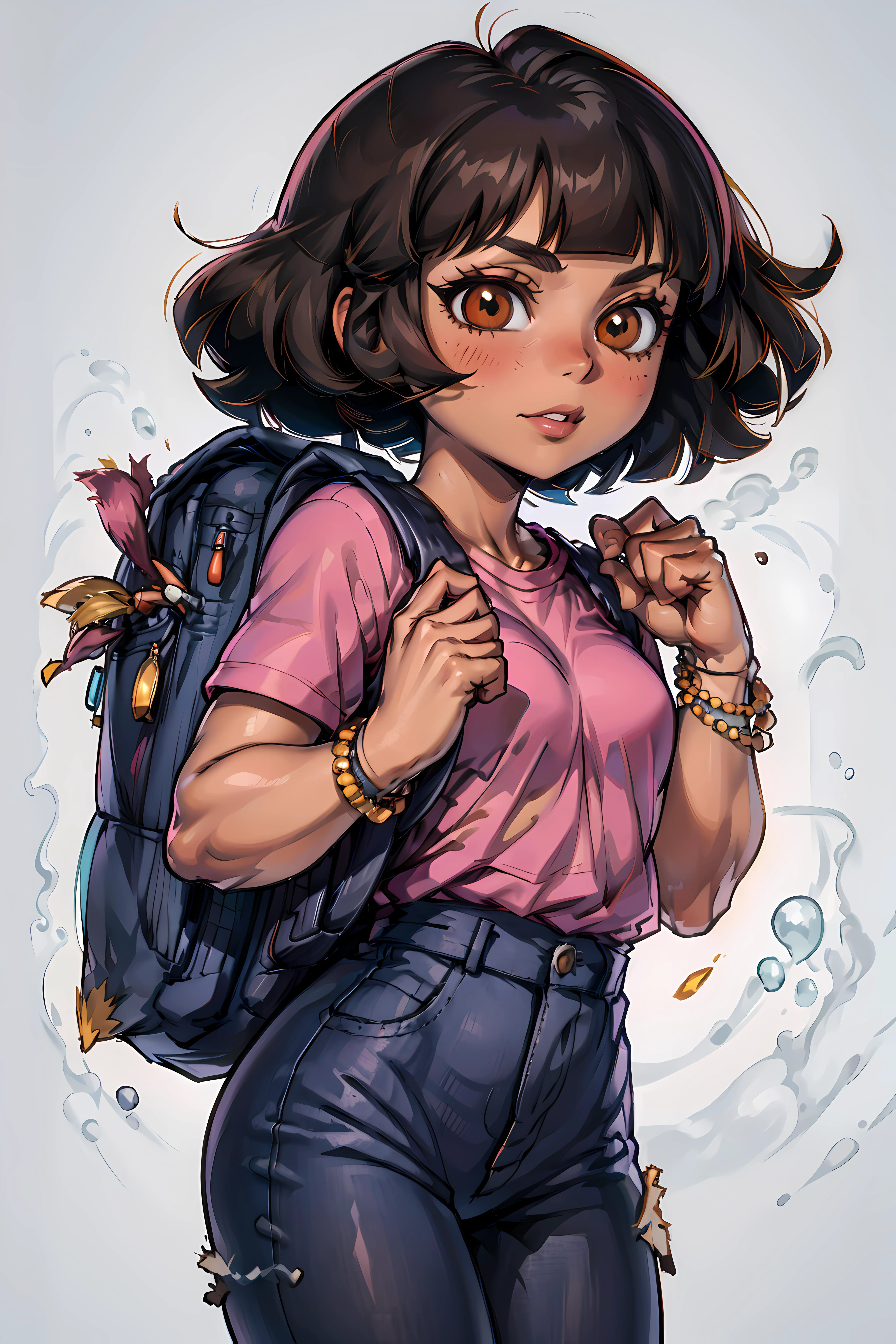 <lora:DoraTheExplorer2:0.7> dora, 1girl, solo, short hair, brown eyes, bracelet, dark skin, teen, pink shirt, backpack, blunt bangs, dark-skinned female, (((sfw))),