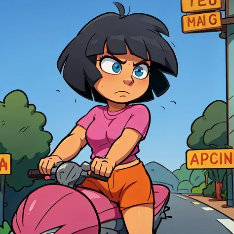 ((masterpiece, best quality)),1girl, dora, solo, pink shirt, shorts, riding a motorcycle, yhmotorbike, (front view:1.1), (driving:1.2), (wind:1.3), wind in hair, (frown:1.2), scowl, freeway, wind floating hair,
<lora:doraTheExplorer_v10:0.8> <lora:motorbikeEX_yhmotorbikeV09:0.85>