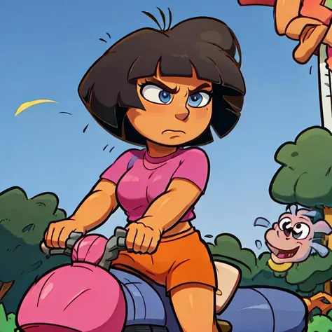 ((masterpiece, best quality)),1girl, dora, solo, pink shirt, shorts, riding a motorcycle, yhmotorbike, (front view:1.1), (driving:1.2), (wind:1.3), wind in hair, (frown:1.2), scowl, freeway, wind floating hair,
<lora:doraTheExplorer_v10:1> <lora:motorbikeEX_yhmotorbikeV09:0.85>