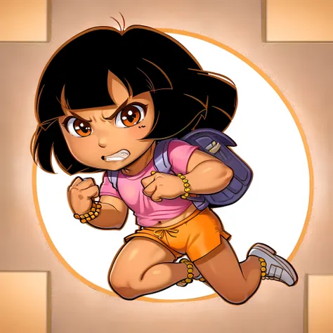 ((masterpiece, best quality)),(complex light), full body, solo, Dora, child, <lora:Dora_Explorer1-10:0.8>, pink shirt, shorts, bracelet,backpack, jumping, angry, frown, clenched teeth, punching, eye trail, <lora:flamingEyeConcept_flamingEye:0.6>, brown eyes, tan skin,