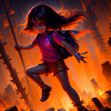 ((masterpiece, best quality)),(complex light), full body, solo, Dora, child,  <lora:TheGooder_Dora_Explorer1-1:0.6>, pink shirt, shorts, bracelet, backpack, eye trail, brown eyes, tan skin, smirk, glowing eyes, floating, dark lighting, destroyed debris background, red eyes <lora:5shotStyle_v10:1>