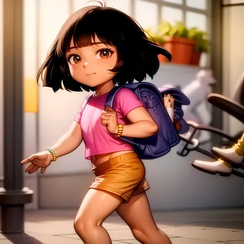 ((masterpiece, best quality)),(complex light), full body, solo, dora, <lora:Dora_Explorer1-10:0.8>, pink shirt, shorts, bracelet,backpack,