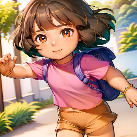((masterpiece, best quality)),(complex light), full body, solo, dora, <lora:Dora_Explorer1-10:0.9>, pink shirt, shorts, bracelet,backpack,