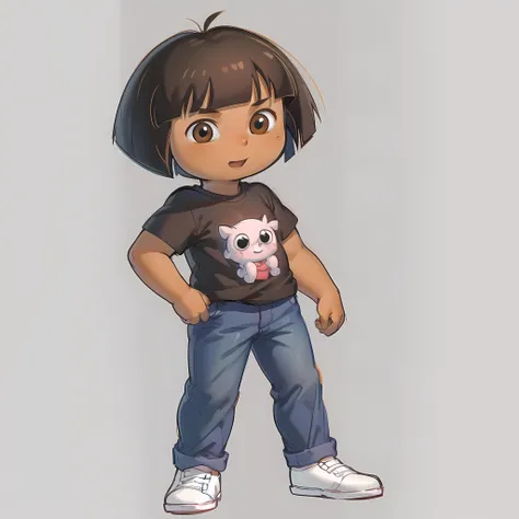 ((masterpiece, best quality)), full body, solo, dora, <lora:DoraTheExplorer2:0.8>, brown eyes,black shirt, jeans, flower, dark-skinned female, (tan), bob cut, black gloves