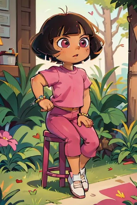 ((masterpiece, best quality)),(complex light), full body, Dora, child, solo, muscular, pink shirt, pants, bracelet, sitting on stool, love <lora:DoraTheExplorer2:0.8>