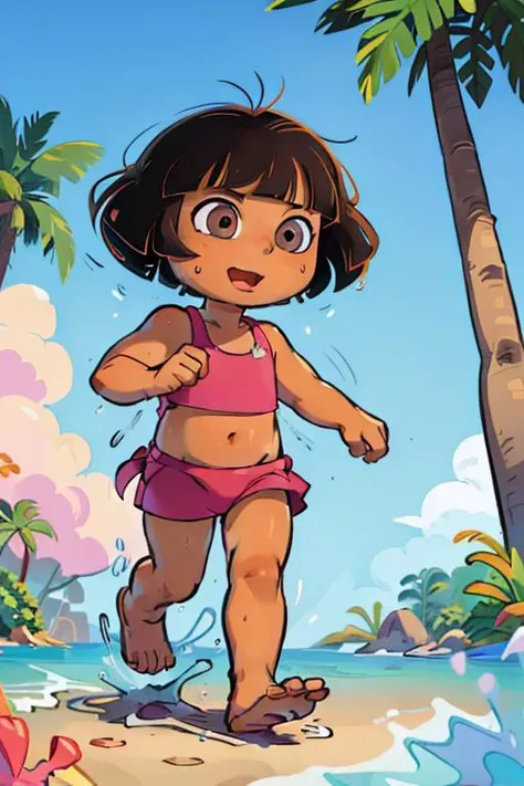 ((masterpiece, best quality)),(complex light), full body, Dora, child, solo, muscular, swimwear, wet, walking on beach, beach <lora:DoraTheExplorer2:0.8>