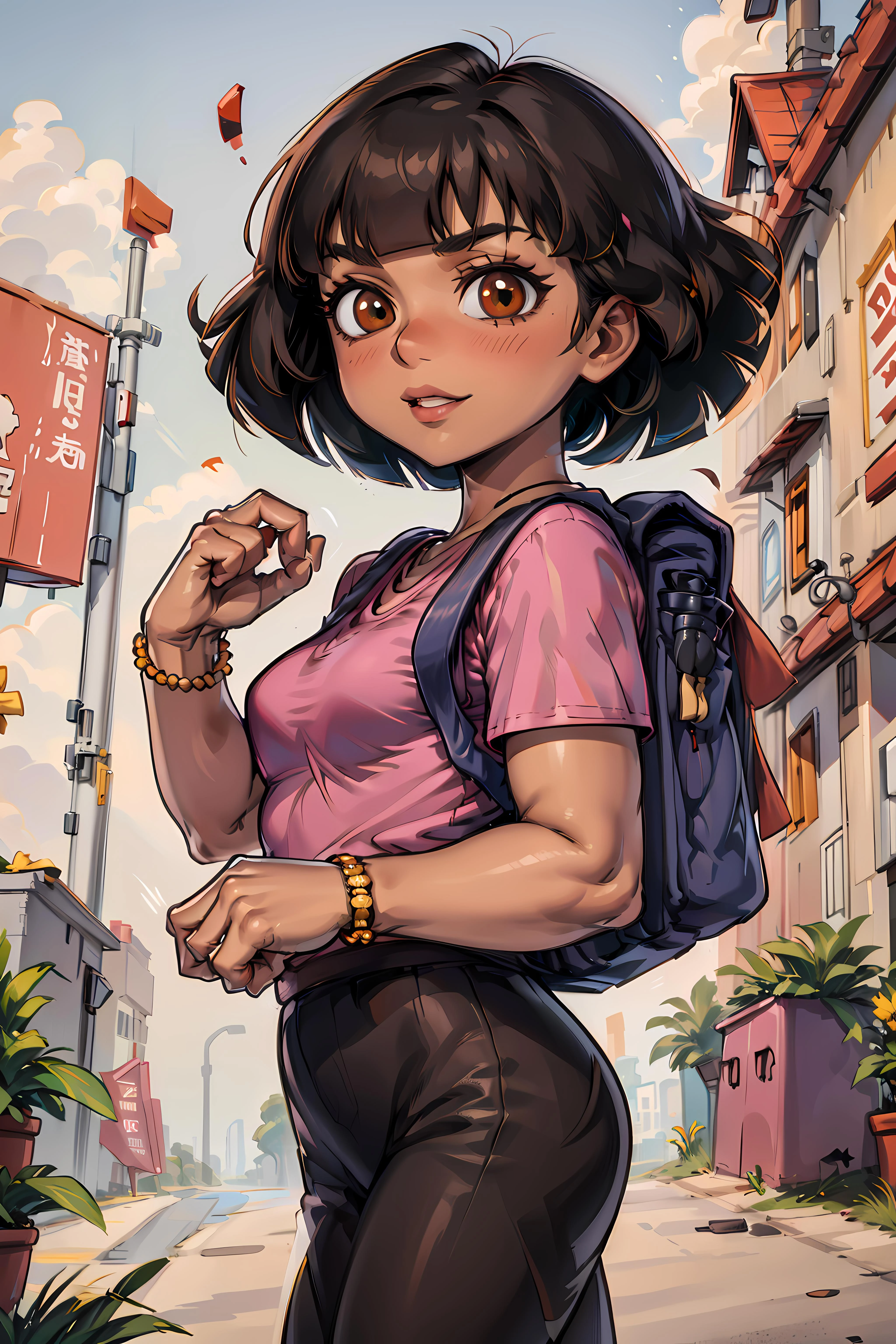 <lora:DoraTheExplorer2:0.7> dora, 1girl, solo, short hair, brown eyes, bracelet, dark skin, , pink shirt, backpack, blunt bangs, dark-skinned female, (((sfw))),
