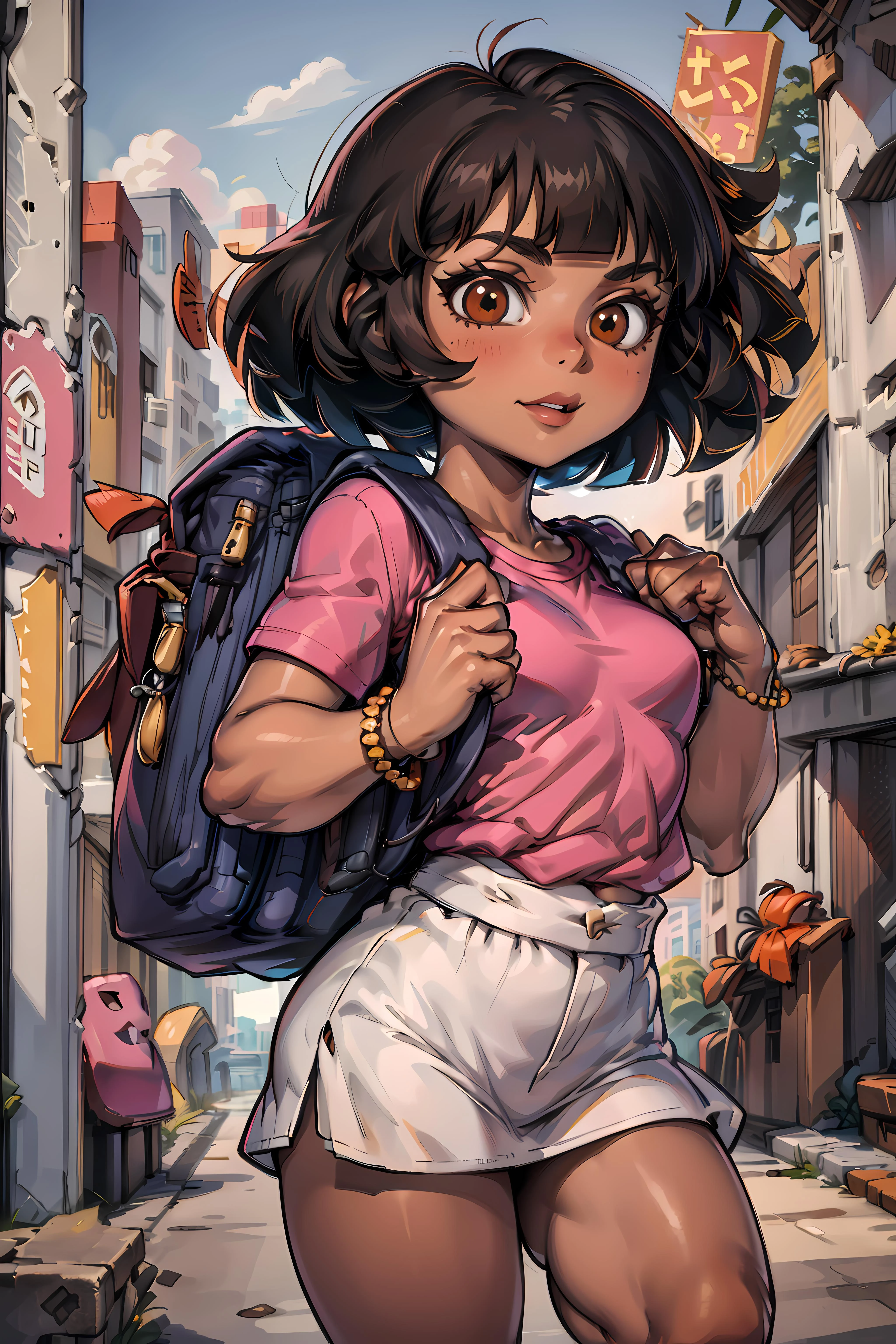 <lora:DoraTheExplorer2:0.7> dora, 1girl, solo, short hair, brown eyes, bracelet, dark skin, , pink shirt, backpack, blunt bangs, dark-skinned female, (((sfw))),