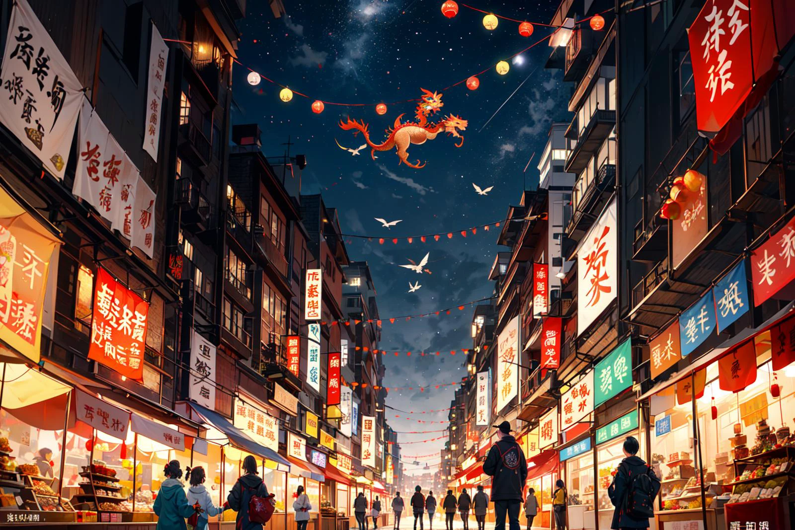 over the shoulder shot, a couple are strolling down an avenue with street stalls, the two are wearing chinese clothing, chinese swallow kites fly in the air, Chinese new year decorations, in hand are candied haws or bing tanghulu, they're in an urban city center, it's the chinese lunar new year, a festival with flying dragon kites and firecrackers, a small chinese dragon flies overhead, in the distant background are office buildings,
Year of the Dragon, calligraphy, Chinese dragon, chinese new year, lunar new year, (firecrackers:1.2)
<lora:Chinese dragon-000014:0.4> chinese dragon, urban city festival, moon cakes, flying dragon kites,
<lora:LAS:0.2>, <lora:add_detail:0.3>
<lora:chara_YofukashiNoUta_Background_v1:0.2> city, night, starry sky, moon, cityscape, city lights, building, road