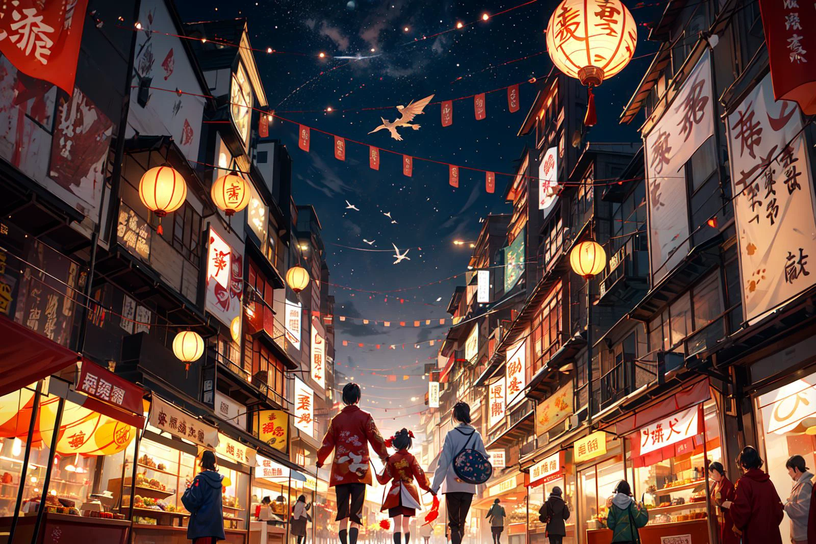over the shoulder shot, a couple are strolling down an avenue with street stalls, the two are wearing chinese clothing, chinese swallow kites fly in the air, Chinese new year decorations, in hand are candied haws or bing tanghulu, they're in an urban city center, it's the chinese lunar new year, a festival with flying dragon kites and firecrackers, a small chinese dragon flies overhead, in the distant background are office buildings,
Year of the Dragon, calligraphy, Chinese dragon, chinese new year, lunar new year, (firecrackers:1.2)
<lora:Chinese dragon-000014:0.4> chinese dragon, urban city festival, moon cakes, flying dragon kites,
<lora:LAS:0.2>, <lora:add_detail:0.3>