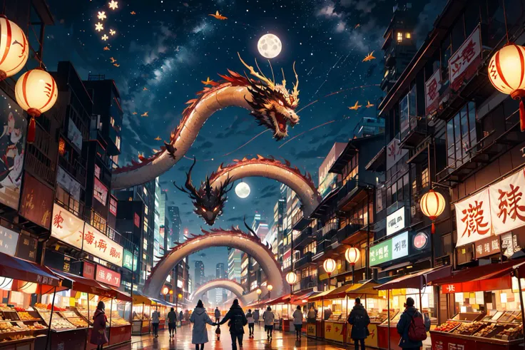 over the shoulder shot, a couple are strolling down an avenue with street stalls, the two are wearing chinese clothing, chinese swallow kites fly in the air, Chinese new year decorations, in hand are candied haws or bing tanghulu, they're in an urban city center, it's the chinese lunar new year, a festival with flying dragon kites and firecrackers, a small chinese dragon flies overhead, in the distant background are office buildings,
Year of the Dragon, calligraphy, Chinese dragon, chinese new year, lunar new year, (firecrackers:1.2)
<lora:Chinese dragon-000014:0.5> chinese dragon, urban city festival, moon cakes, flying dragon kites,
<lora:LAS:0.2>, <lora:add_detail:0.3>
<lora:chara_YofukashiNoUta_Background_v1:0.2> city, night, starry sky, moon, cityscape, city lights, building, road