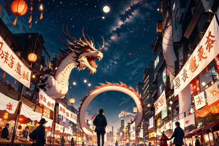 over the shoulder shot, a couple are strolling down an avenue with street stalls, the two are wearing chinese clothing, chinese swallow kites fly in the air, Chinese new year decorations, in hand are candied haws or bing tanghulu, they're in an urban city center, it's the chinese lunar new year, a festival with flying dragon kites and firecrackers, a chinese dragon flies overhead, in the distant background are office buildings,
Year of the Dragon, calligraphy, Chinese dragon, chinese new year, lunar new year, (firecrackers:1.2)
<lora:Chinese dragon-000014:0.55> chinese dragon, urban city festival, moon cakes, flying dragon kites,
<lora:LAS:0.2>, <lora:add_detail:0.3>
<lora:chara_YofukashiNoUta_Background_v1:0.2> city, night, starry sky, moon, cityscape, city lights, building, road
