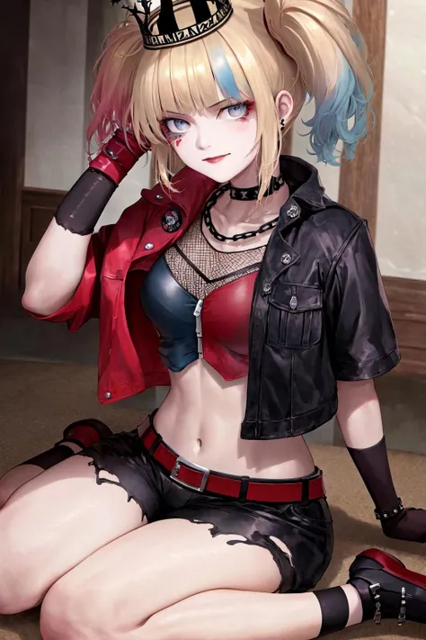 masterpiece, Best quality, A high resolution, 1 girl, hair braided in two short ponytails, very detailed eyes, Fine detail, Correct anatomy 1.1., Harley Quinn from Suicide Squad, open jacket with short sleeves shorts studded belt mesh belt chain gloves bracelet hand on hip, smile, woman, adult girl, real photos、smile, tmasterpiece, (pink kimono), seductive face, Ideal girl, perfect details, Ultra HD |, 8 k, professional photo, anime style,