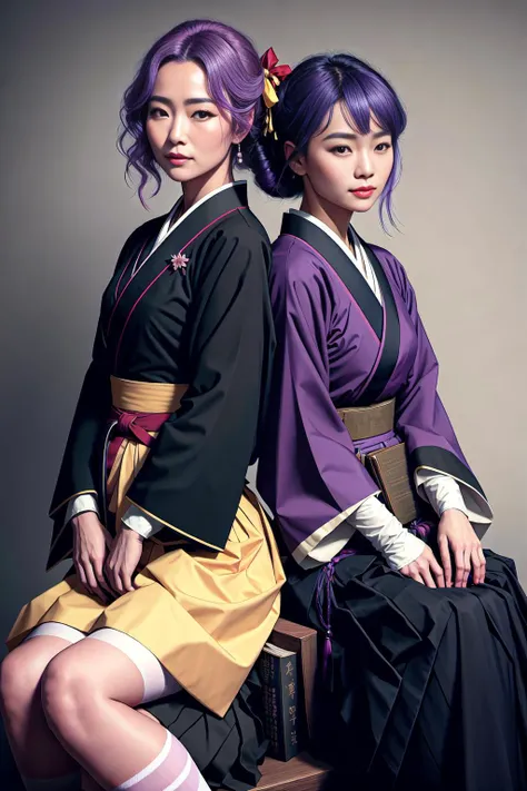 masterpiece | portrait | Akiko and Aiko reading a book | belt | black_belt | black_hair | black_skirt | book | brown_eyes | closed_mouth | gloves | hair_between_eyes | hair_ornament | hair_ribbon | hakama | holding | holding_book | jacket | japanese_clothes | juliet_sleeves | kimono | long_hair | long_sleeves | meiji_schoolgirl_uniform  | open_book   | pantyhose | pencil_skirt | pink_hakama | puffy_sleeves | purple_eyes | purple_hair | red_kimono | ribbon | short_hair | sitting | skirt | smile | uniform | white_gloves | white_pantyhose | yellow_ribbon | | ultra_realistic  | magazine photography  | octane render, perfecto skin tone, perfect pores., by lee jeffries nikon d850 film stock photograph 4 kodak portra 400 camera f1.6 lens rich colors hyper realistic lifelike texture dramatic lighting unrealengine trending on artstation cinestill 800
