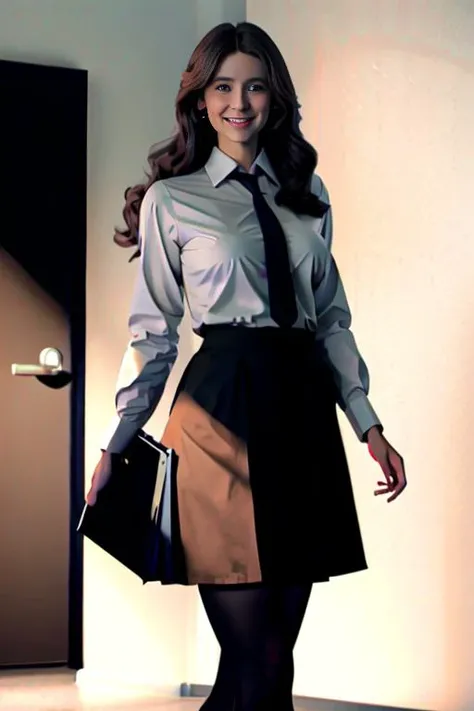1girl all_fours black_footwear black_pantyhose black_skirt blue_eyes blush breasts brown_hair clipboard collared_shirt dress_shirt full_body grey_background grin hair_over_one_eye halo holding lanyard large_breasts long_hair mole mole_on_breast office_lady pantyhose pencil_skirt shirt shoes simple_background skirt smile solo very_long_hair white_shirt <lora:hipoly_3dcg_v7-epoch:1>
