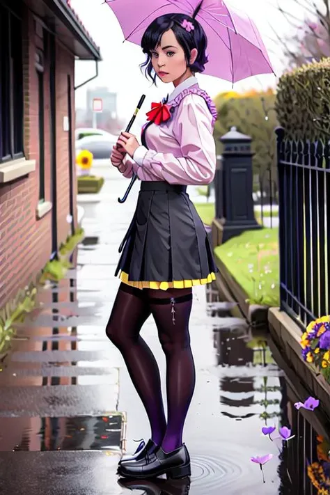 highres| 1girl |black_eyes black_hair|black_pantyhose black_serafuku |blue_flower| brown_skirt bush| closed_mouth| day flower| from_side| full_body| hair_bobbles hair_ornament| hand_up holding holding_umbrella| hydrangea loafers long_sleeves looking_at_viewer| looking_to_the_side neckerchief one_side_up outdoors over_shoulder overcast pantyhose pink_flower puddle purple_flower rain raised_eyebrows red_neckerchief ripples school_uniform serafuku shoes short_hair skirt sky solo squatting transparent transparent_umbrella umbrella |yellow_flower