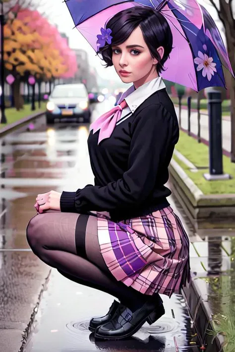 highres| 1girl |black_eyes | black_hair | black_pantyhose | blue_flower | brown_skirt | bush | closed_mouth | day flower | from_side | full_body | hair_bobbles | hair_ornament | hand_up | holding_umbrella | hydrangea loafers long_sleeves | looking_at_viewer | looking_to_the_side | neckerchief one_side_up outdoors over_shoulder overcast pantyhose pink_flower puddle | purple_flower | rain | raised_eyebrows | red_neckerchief ripples | school_uniform | serafuku | shoes | short_hair | skirt | sky | solo squatting | holds_transparent_umbrella