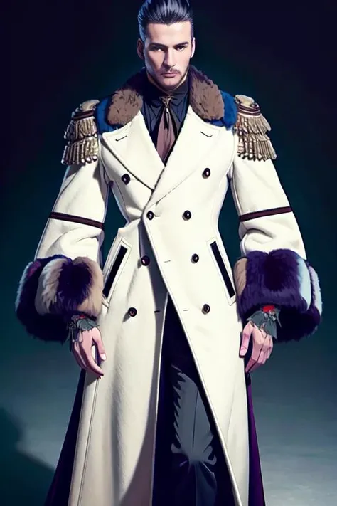 a Full ((( long double-breasted coat man, Color sleeves, ))) inspired by Alexander McQueen and Dolce & gabbana , AD Magazine photography, unreal engine rendered