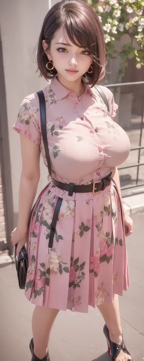 (Best quality details:1.2),realistic,8K UHD,High definition,(1girl:1.2),Ultra Detailed,High quality texture,intricate details,detailed texture,finely detailed,high detail,extremely detailed cg,High quality shadow,Detailed beautiful delicate face,Detailed beautiful delicate eyes,Depth of field,Ray tracing,20's,(a beautiful 18 age years old sexy korean woman:1.1),(Pretty Kpop girl,korean mixed),large breast, tall_female, beautiful_legs, Glow Eyes,blush, glossy lips, perfect body, (floral print shirt :1.3), (pink pleated skirt:1.4) ,(wedge heels :1.2), (black hair, curl, bob:1.1), street, sunlight, standing, lens flare, earrings, model, looking at viewer, (happy smile:1.1), makeup,