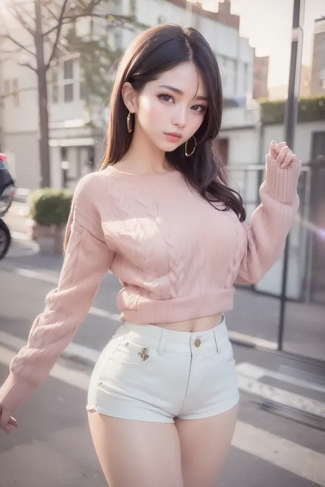 (Best quality details:1.2),realistic,8K UHD,High definition,(1girl:1.2),Ultra Detailed,High quality texture,intricate details,detailed texture,finely detailed,high detail,extremely detailed cg,High quality shadow,Detailed beautiful delicate face,Detailed beautiful delicate eyes,Depth of field,Ray tracing,20's,(a beautiful 25 age years old sexy korean woman:1.1),(Pretty Kpop girl,korean mixed),large breast, tall_female, beautiful_legs, Glow Eyes,blush, glossy lips, perfect body,skinny, (long sleeves sweater, pink, white, horizontal striped :1.3), (white short shorts:1.4) , (black hair, bob:1.1), street, sunlight, standing, lens flare, earrings, model, looking at viewer, (happy smile:1.1), makeup, cowboy shot, from front,