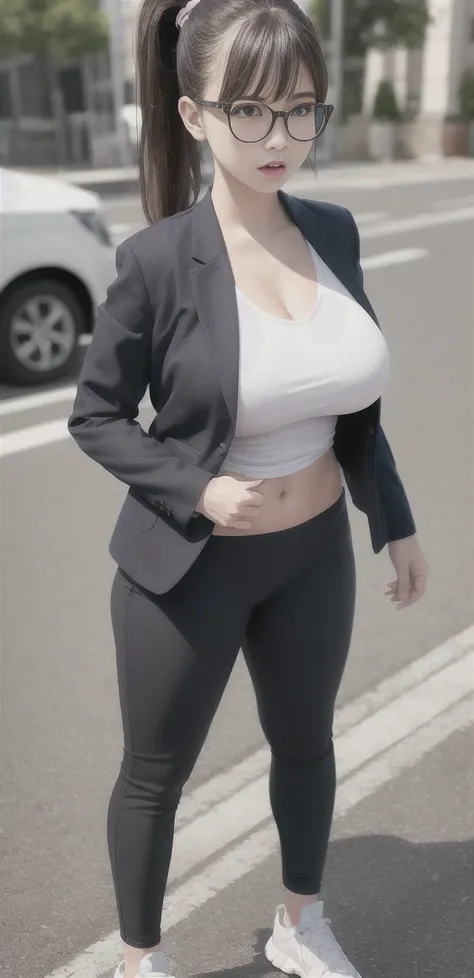 masterpiece, bset quality, realistic, 1girl,(8k, best quality),perfect body,big breasts,sports jacket,sweatpants,standing,bangs,ponytail,glasses, public, peeping, expression_chart