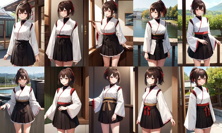 masterpiece, best quality, highres, hyuugaise, short hair, ponytail, hair ribbon, japanese clothes, long sleeves, hakama skirt, black skirt, <lora:hyuuga_&_ise_v1:0.8>, smile, standing, cowboy shot,