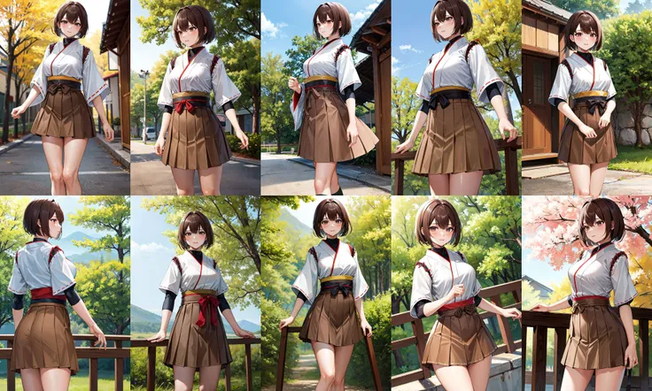 masterpiece, best quality, highres, aahyuuga, short hair, japanese clothes, short sleeves, hakama skirt, brown skirt, <lora:hyuuga_(kancolle)_v1:0.8>, cowboy shot, standing, outdoors