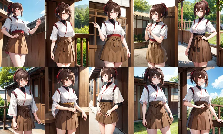 masterpiece, best quality, highres, hyuugaise, short hair, ponytail, hair ribbon, japanese clothes, short sleeves, hakama skirt, brown skirt, <lora:hyuuga_&_ise_v1:0.8>, cowboy shot, standing, outdoors