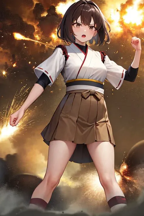 masterpiece, best quality, highres, hyuugaise, short hair, japanese clothes, short sleeves, hakama skirt, brown skirt, <lora:hyuuga_&_ise_v1:0.8>, standing, serious, war, explosion, dynamic pose,