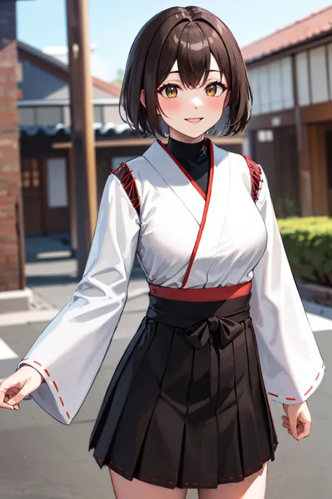 masterpiece, best quality, highres, hyuugaise, short hair, ponytail, hair ribbon, japanese clothes, long sleeves, hakama skirt, black skirt, <lora:hyuuga_&_ise_v1:0.8>, smile, standing, cowboy shot,