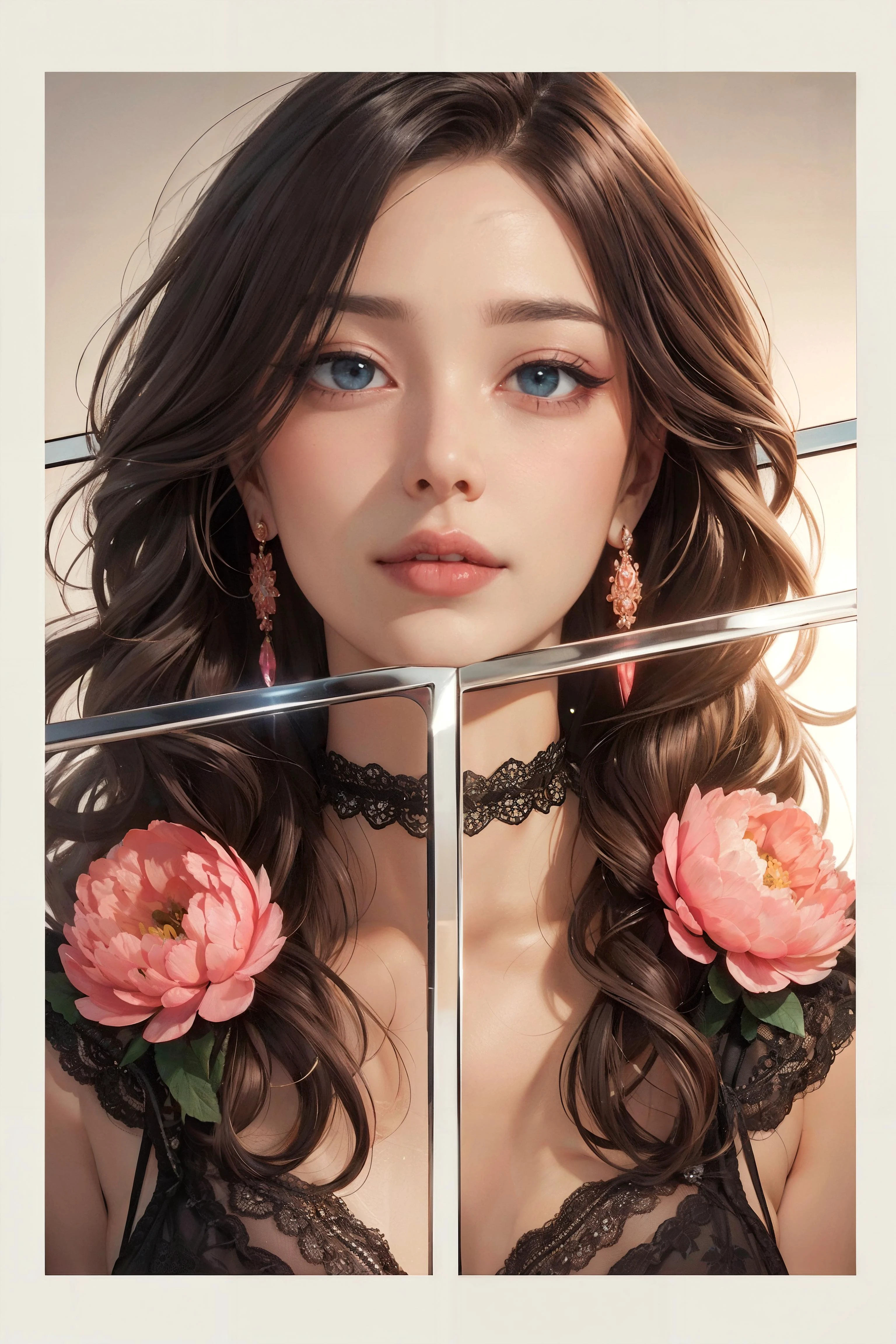 (masterpiece, realistic:1.3), (extremely intricate:1.2), (photorealistic:1.4), (extremely delicate), (ultra realistic:1.3), (a high detail RAW color professional full body photo), (center focus, symmetrical), hyperrealistic photography, extremely detailed CG unity 8k wallpaper, UHD, HDR, RAW photo, dslr, hyperrealistic 3d render,
An exploration of texture and surface, with tactile qualities that invite touch and exploration, Peony, Within a hidden enclave, a botanical masterpiece blooms, its meticulously arranged flowers a testament to nature's artistry, Coral, Glassy luster that creates a transparent and reflective surface, Robed, Chanteuse, Tall, in shape, Oval Face, Dark Skin, Honey Blonde Hair, teal Eyes, Narrow Nose, Thin Lips, Sharp Chin, Long Hair, Curly Hair, Rope Braid, small breasts, Drop earrings, berry velvet lipstick,
<lora:inukamiInojiStyle_v10:0.4>, inukami inoji style, earrings, lace choker, gigantic breasts, narrow waist, slim legs, long legs, thighhighs, stockings, lace trim legwear, high heels,