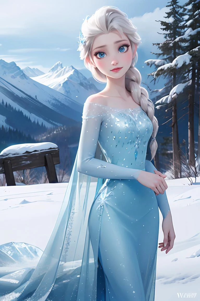 (masterpiece:1.2), (best qualit:1.2), (high resolution:1.2), elsa of arendelle, blue ice dress, single braid, (looking at viewer:1.1), mountain, snow, ice,<lora:GoodHands-beta2:1>, <lora:elsa_of_arendelle_v1:0.8>