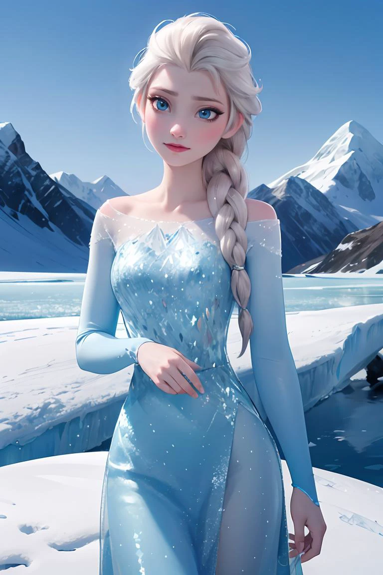 (masterpiece:1.2), (best qualit:1.2), (high resolution:1.2), elsa of arendelle, blue ice dress, single braid, (looking at viewer:1.1), mountain, snow, ice,<lora:GoodHands-beta2:1>, <lora:elsa_of_arendelle_v1:0.8>