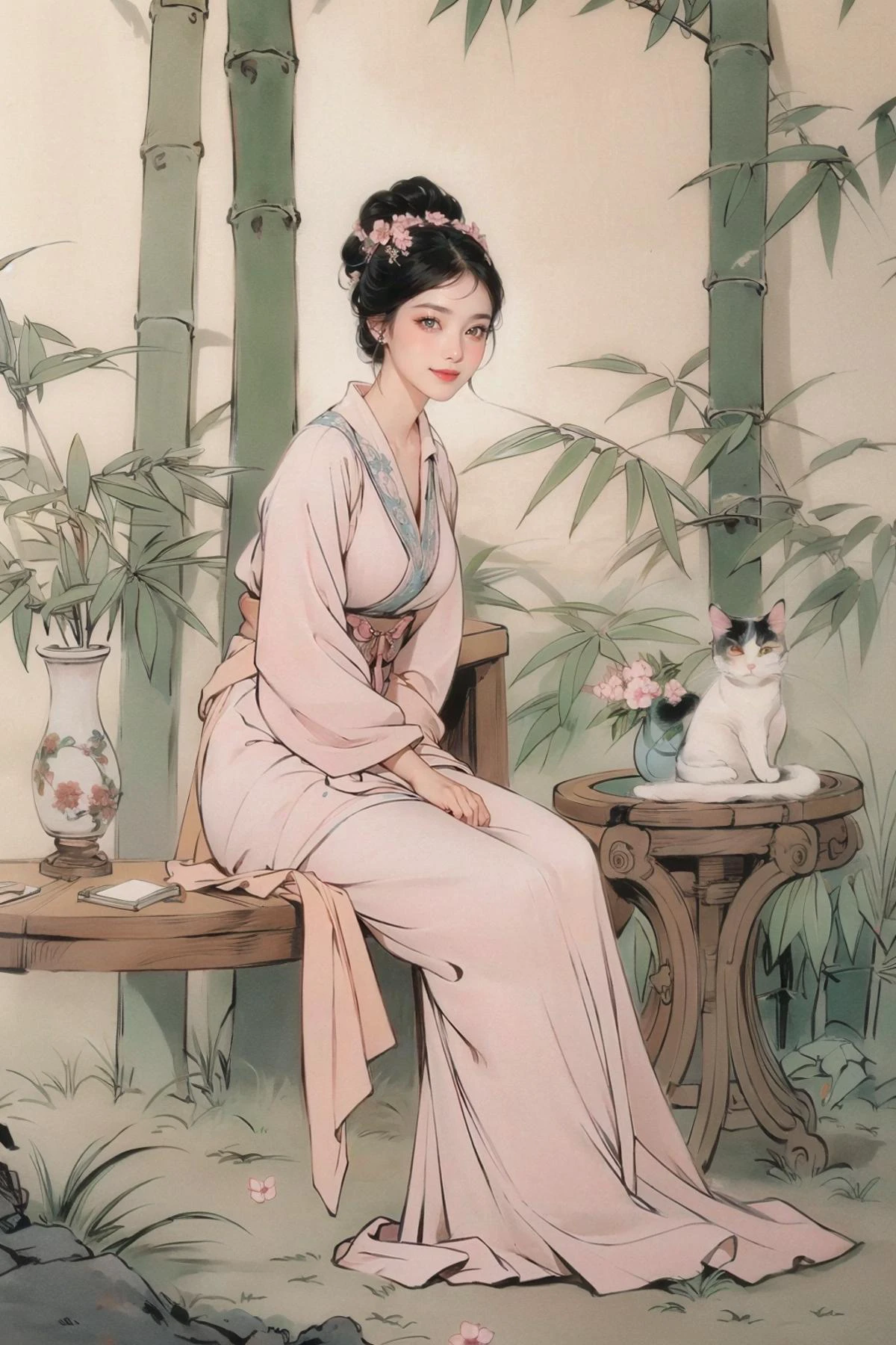 realistic, photorealistic, best quality, masterpiece, ultra high res, finely detailed, quality, realistic lighting, detailed skin, intricate details, raw photo, absurdres, highres, ultra detailed, BREAK, 1girl, solo, looking at viewer, 18 years old, hand of Guido Daniele, (jewelry, black hair, full body, hanfu, white background, sitting on stone, flower, bamboo, (cat:1.3), Exquisite floral, hair ornament, tree, butterfly, hair flower, table, vase, high contrast colours, vibrant colors, smug expression, grin, Dynamic Pose, Dynamic Angle, colorful, long eyelashes, complex background, full-face blush, parted lips, solo focus, blush), (beautifu and aesthetic face, detailed face, clean facial features, an extremely delicate and beautiful, beautiful detailed eyes, stars in the eyes, Pink lips, Glowing Eyes, perfect face, detailed pupils, Makeup:1.1), (nice hands, sexy, slim, large breasts, skinny, narrow waist, human anatomy:1.1), (detailed light, beautiful detailed glow, detailed background:1.1), (reflection, refraction, Rembrandt lighting, diffuse lighting, radiosity, photon mapping, subsurface scattering, dynamic lighting, Multi-exposure HDR capture, Screen Space Global Illumination, Ray Tracing, Lumen Reflections, Tone Mapping, volumetric lighting, Circular polarizer, broad lighting, dramatic lighting:1.1), BREAK, explosive light and shadow, sharp focus, film grain, rim lighting, two tone lighting, rim light, Overdetailed art, official art, beautiful and aesthetic, beautiful, elegant, vivid colours, warm tone, soft light, delicate, Ultrarealistic, Detailed illustration, extremely detailed CG Unity 8k wallpaper, PBR Texturing, huge filesize, 8k uhd, octane render, unreal engine 5, BREAK, <lora:GoodHands-beta2:1>, <lora:baimeitu1.0:1>