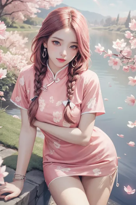 realistic, photorealistic, best quality, masterpiece, ultra high res, finely detailed, quality, realistic lighting, detailed skin, intricate details, raw photo, absurdres, highres, ultra detailed, BREAK, 1girl, solo, looking at viewer, 18 years old, hand of Guido Daniele, (pink long china dress, floral print, birds print, pink hair, long hair, twin braids, colorful, flying petal, jewelry, earrings, bracelet, pink eyes, long eyelashes, cherry blossoms, sun flare, complex background, full-face blush, smile, happy, parted lips, from above, viewing from above, hand on head, picnic basket, in field of flowers, classic chinese pavilion in background, lake, lotus flowers in lake, outdoors, garden, thighs, leaning forward, solo focus, blush), (beautifu and aesthetic face, detailed face, clean facial features, an extremely delicate and beautiful, beautiful detailed eyes, stars in the eyes, Pink lips, Glowing Eyes, perfect face, detailed pupils, Makeup:1.1), (nice hands, sexy, slim, large breasts, skinny, narrow waist, human anatomy:1.1), (detailed light, beautiful detailed glow, detailed background:1.1), (reflection, refraction, Rembrandt lighting, diffuse lighting, radiosity, photon mapping, subsurface scattering, dynamic lighting, Multi-exposure HDR capture, Screen Space Global Illumination, Ray Tracing, Lumen Reflections, Tone Mapping, volumetric lighting, Circular polarizer, broad lighting, dramatic lighting:1.1), BREAK, explosive light and shadow, sharp focus, film grain, rim lighting, two tone lighting, rim light, Overdetailed art, official art, beautiful and aesthetic, beautiful, elegant, vivid colours, warm tone, soft light, delicate, Ultrarealistic, Detailed illustration, extremely detailed CG Unity 8k wallpaper, PBR Texturing, huge filesize, 8k uhd, octane render, unreal engine 5, BREAK, <lora:GoodHands-beta2:1>,  <lora:ChinaDressStyle1_Remake:0.8>