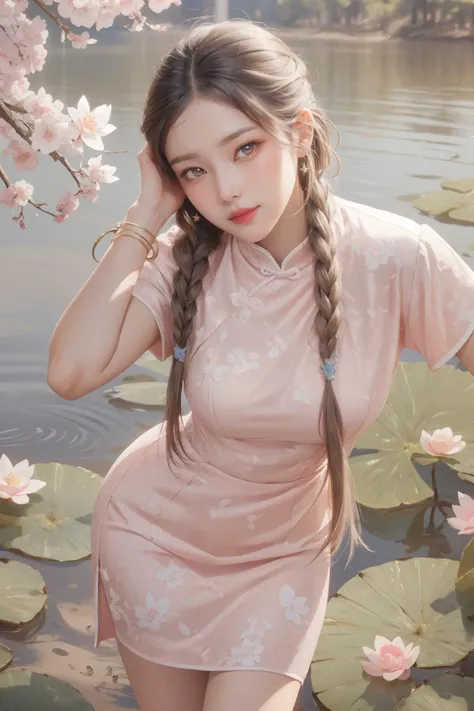 realistic, photorealistic, best quality, masterpiece, ultra high res, finely detailed, quality, realistic lighting, detailed skin, intricate details, raw photo, absurdres, highres, ultra detailed, BREAK, 1girl, solo, looking at viewer, 18 years old, hand of Guido Daniele, (pink long china dress, floral print, birds print, pink hair, long hair, twin braids, colorful, flying petal, jewelry, earrings, bracelet, pink eyes, long eyelashes, cherry blossoms, sun flare, complex background, full-face blush, smile, happy, parted lips, from above, viewing from above, hand on head, picnic basket, in field of flowers, classic chinese pavilion in background, lake, lotus flowers in lake, outdoors, garden, thighs, leaning forward, solo focus, blush), (beautifu and aesthetic face, detailed face, clean facial features, an extremely delicate and beautiful, beautiful detailed eyes, stars in the eyes, Pink lips, Glowing Eyes, perfect face, detailed pupils, Makeup:1.1), (nice hands, sexy, slim, large breasts, skinny, narrow waist, human anatomy:1.1), (detailed light, beautiful detailed glow, detailed background:1.1), (reflection, refraction, Rembrandt lighting, diffuse lighting, radiosity, photon mapping, subsurface scattering, dynamic lighting, Multi-exposure HDR capture, Screen Space Global Illumination, Ray Tracing, Lumen Reflections, Tone Mapping, volumetric lighting, Circular polarizer, broad lighting, dramatic lighting:1.1), BREAK, explosive light and shadow, sharp focus, film grain, rim lighting, two tone lighting, rim light, Overdetailed art, official art, beautiful and aesthetic, beautiful, elegant, vivid colours, warm tone, soft light, delicate, Ultrarealistic, Detailed illustration, extremely detailed CG Unity 8k wallpaper, PBR Texturing, huge filesize, 8k uhd, octane render, unreal engine 5, BREAK, <lora:GoodHands-beta2:1>, <lora:ChinaDressStyle1_Remake:0.8>