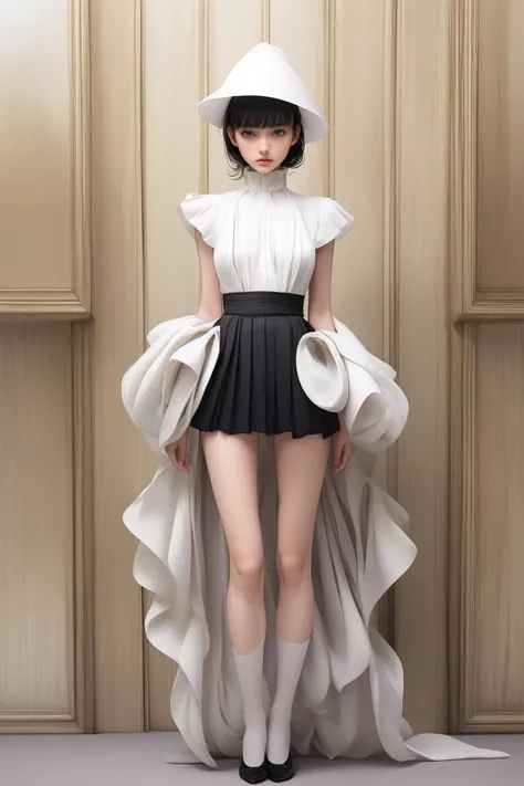 (masterpiece, top quality, best quality, official art, beautiful and aesthetic),solo,1girl,black dress,(full body:1.2),black bodysuit,white hair,frills,standing,hood,hat,abstract dark gray backdrop,bangs,legs,black stocking,high wheel shoes,small breasts,a model wearing haute couture monochrome overall in (issey miyake) style,by rinko kawauchi,zen-inspired masterpiece portrait,(detailed fiber texture),pleats,deconstruction,layers,editorial photo,<lora:Mild detail adjusterV10_4:1>,<lora:Clothing -:0.5>,<lora:white issey miyake:0.6>,