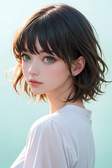 MEDIUM SHOT,high quality,masterpiece,(realistic, photo-realistic:1.2),high definition,ultra detailed,raw photo,depth of field,1girl,green eyes,medium hair,bangs,portrait,upper body,shoulder,shirt,simple background,blue background,<lora:GoodHands-vanilla:1>,