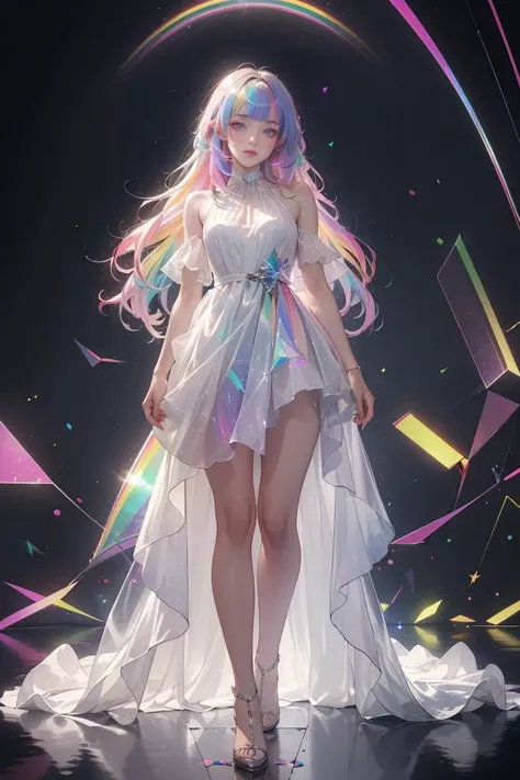 masterpiece,best quality,highres,1girl,tall,long hair,perfect stature,white dress,fashion pose,bangs,chromatic dispersion,metallic_lustre,see_through,(tansparent_plastic:1.3),coloured glaze,Polychromatic prism effect,rainbowcore,iridescence/opalescence,glowing colors,aluminum foil,Glowing ambiance,(portrait:1.5),stage background,full body,<lora:liuli2:0.65>,