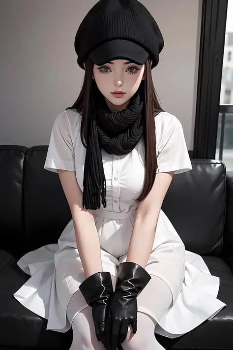 (masterpiece, best quality), 1girl, beautiful face, <lora:helga:1> 1girl, white dress white shirt short sleeves black pantyhose black gloves elbow gloves black scarf, cabbie hat