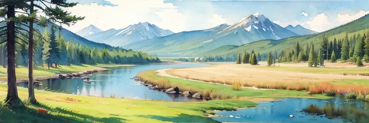 ((masterpiece, official art, watercolor sketch)), Ural taiga landscape